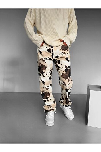 ablukaonline Men's Baggy Fit Patterned Trousers Beige