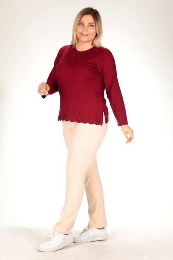 TRENDSE Plus Size Mom Blouse Viscose Fabric Cotton Embroidered Rhinestone Blouse
