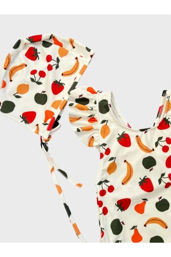 ALİŞ KİDS Girl's White Strawberry Cherry Banana Patterned Cross Strap Ruffled Bonnet Swimsuit