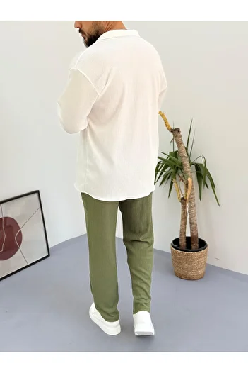 Combineman35 White Khaki Men's Summer Crinkle Lycra Fabric Long Sleeve Shirt Tracksuit 2 Piece Wrap Suit
