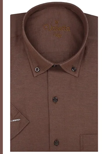 Varetta Men's Brown Short Sleeve Wide Cut Pocket Lapel Button Cotton Shirt