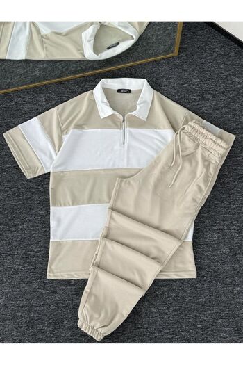 woonkey Unisex Oversized Striped Half Zip Polo Collar Track Suit Cotton Set of 2 New Season