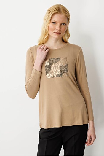 Desen Triko Women's Crew Neck Front Stone Printed Combed Cotton Blouse Mink
