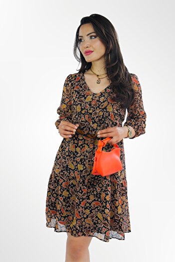 Kübra Tekstil Rochie din șifon cu decolteu în V cu mâneci trei sferturi Lupinn Fashion pentru femei