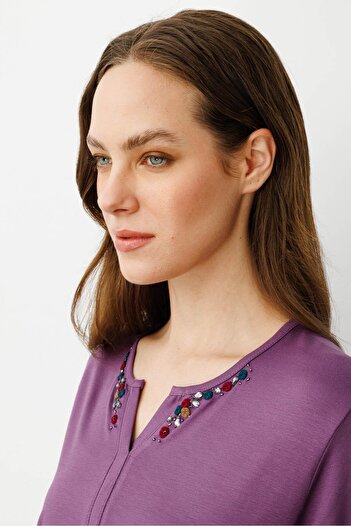 Desen Triko Women's Open Collar Embroidered Combed Cotton Blouse Lilac