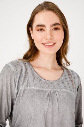 Desen Triko Women's Crew Neck Long Sleeve Jacquard Fabric Combed Cotton Blouse Gray