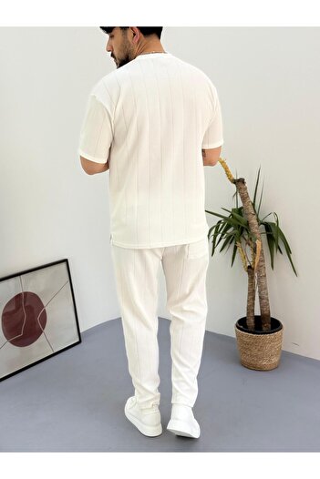 Combineman35 White Report Ottoman Fabric Single Pocket T-Shirt-Pants with Back Single Pocket 2 Piece Set