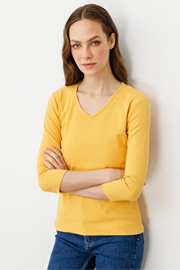 Desen Triko Women's V-Neck Camisole Cotton Blouse Mustard
