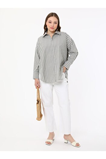 ALİA Cotton Plus Size Striped Poplin Blouse / Shirt - Khaki - Alia