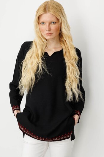Desen Triko Women's Sleeve and Skirt Slit Skirt Embroidered Blouse Black