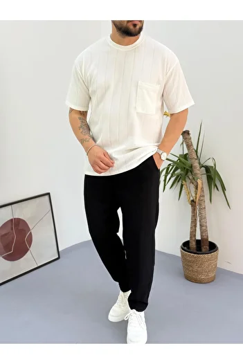 Combineman35 White Black Report Ottoman Fabric Single Pocket T-Shirt-Pants Set of 2 with Back Single Pocket