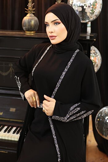 InStyle Glitter Pattern Crepe Abaya Black