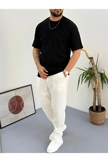 Combineman35 Black and White Report Ottoman Fabric Single Pocket T-Shirt-Pants Set of 2 with Back Single Pocket