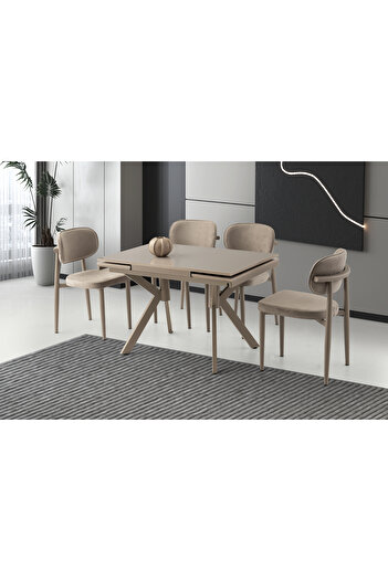 Viento Mobilya Petra Cappicino Highgloss Açılır 110X70 Masa 4 Kişilik Babyface Metal Siesta Sandalye Masa Takımı