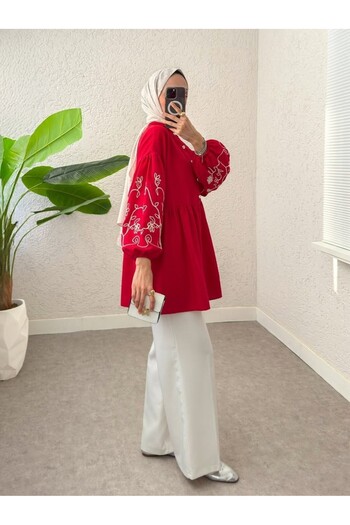 HİJABAYA Embroidered Piece Tunic with Half Buttoned Sleeves and Elastic Sleeves