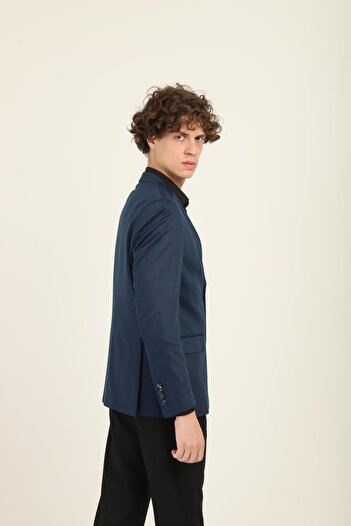 AGUSTİNİ Navy Blue Color Green Dot Pattern, Mono Collar Double Button Double Slit Single Jacket Slim Fit Pattern |   August