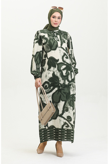 sefamerve Emerald Green Beige Viscose Dress - Half Buttoned, Color Garnished 0396-03