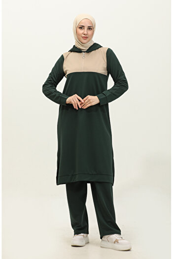sefamerve Emerald Green Double Set - Hooded and Zippered 3021-01