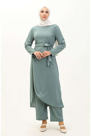 sefamerve Mint Green Tunic and Trousers Double Set - Slit Detail 0664-06