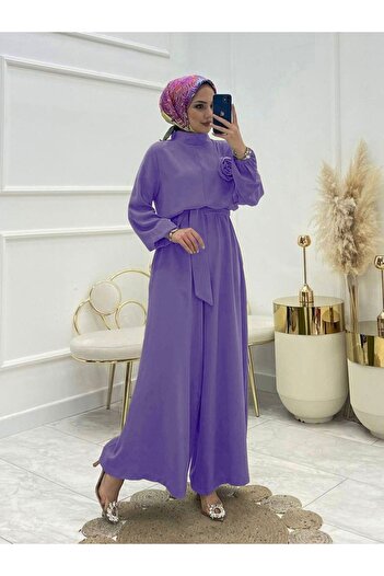 HİJABAYA Stand Collar Belted Rose Jumpsuit