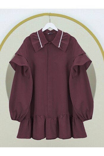 HİJABAYA Poplin Tunic with Embroidery Detail on the Collar and Elastic Sleeves
