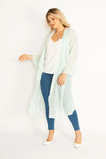 Şans Women's Large Size Green Lace Long Cardigan 65n28347