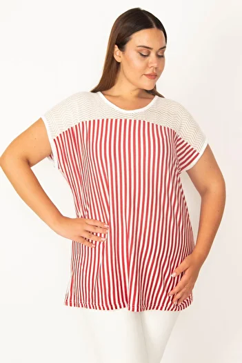 Şans Women's Large Size Red Front Robe Lace Detailed Low Sleeve Striped Blouse 65n27394
