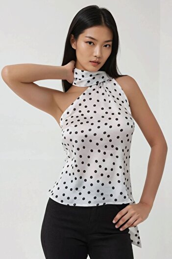 Hiccup Asymmetric Collar Satin Printed Polka Dot Blouse