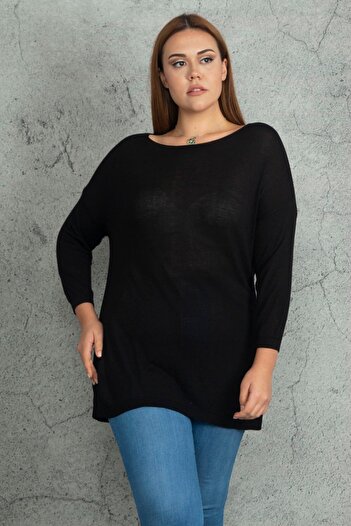 Şans Women's Large Size Black Thin Knitwear Knitted Sweater 65n19698