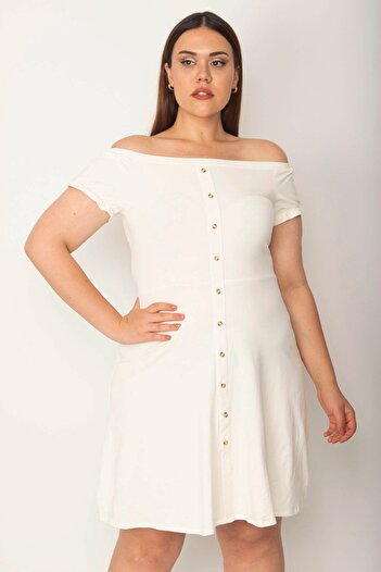 Şans Women's Bone Cotton Fabric Collar and Cuff Elastic Detailed Lycra Dress with Front Ornamental Buttons 65N26947