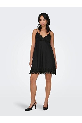 ONLY Onllou Life Broderie Anglaise Detail Black V-Neck Organic Cotton Dress