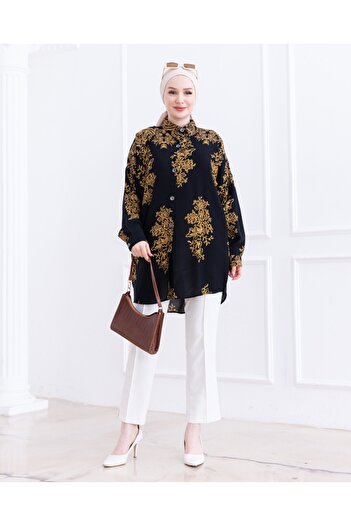 HİJABAYA Patterned Buttoned Long Back Viscose Tunic