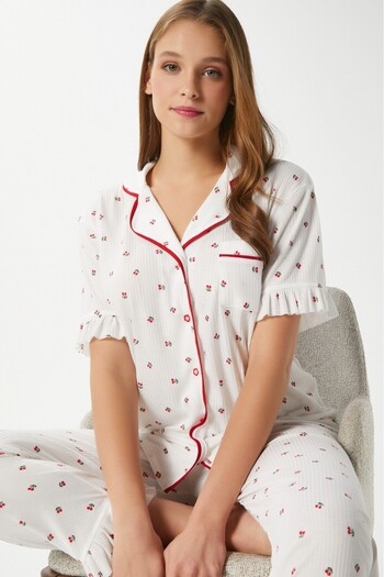 Ritnice Women's Ruffled Cherry Front Button Short Sleeve Bottom Top Pajama Set