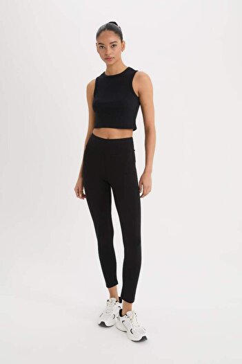 DeFacto Fit Siyah Yüksek Bel Beli Saran Pamuklu Basic Düz Sporcu Tayt Z6327az25sp