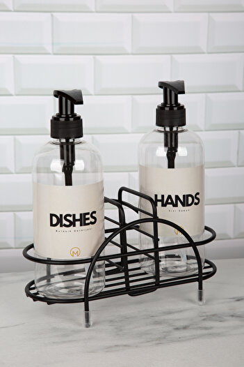 MultiStore Double Plastic Bottle Liquid Soap Dispenser with Black Stand and Pump
