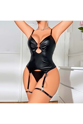 TİSTA Women's Black Strappy Nightgown Leather