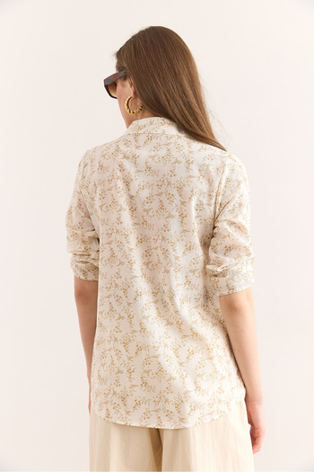 Olalook Women's Tiny Flower Beige Sleeve Fold Cuffless Linen Content Shirt Gml-19001338
