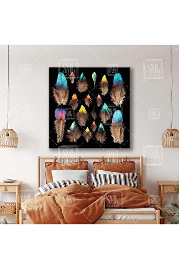 SML TABLO Verde Galben Albastru Detaliat Pene de Pasăre Animal Decor Pătrat Pictură Canvas