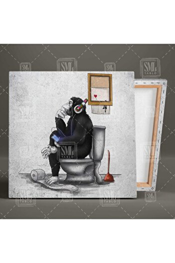 SML TABLO Monkey Banksy Listening to Music on Toilet with Headphones Vertical Canvas Painting