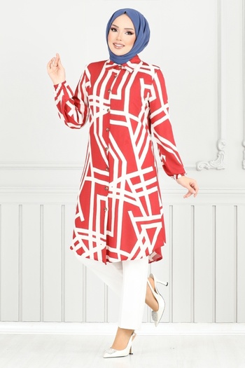 ModaMerve Shirt Collar Viscose Tunic 2354Bgs895-M Red&Ecru