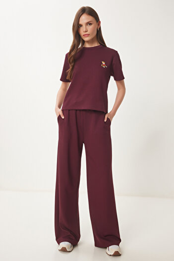 Lovelyİstanbul Teddy Bear Embroidered Knitted Bottom-Top Suit Bordo Lcr0063