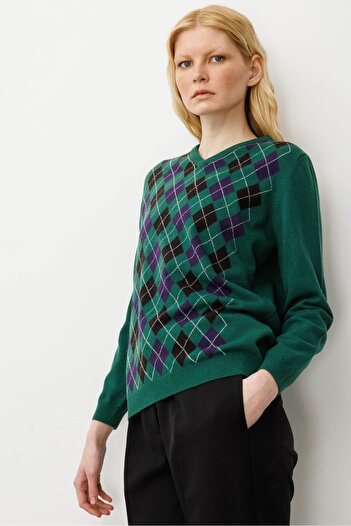 Desen Triko Women's V-Neck Diamond Wool Sweater Pre-Head