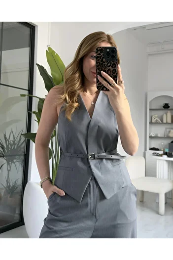My Blog Gray Pinstripe Belt Detailed Vest Trousers Suit - 9569