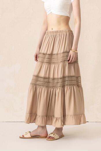 Olcay Lace Detail Elastic Waist Skirt - Stone 7061