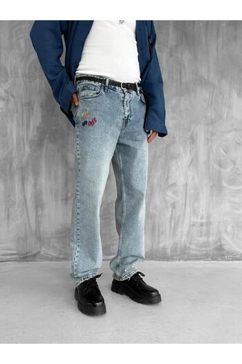 ablukaonline Erkek Slogan İşlemeli Baggy Jean Pantolon Mavi