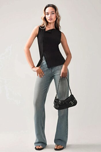 Hiccup Buttoned Body Fitted Asymmetrical Ribbed Top