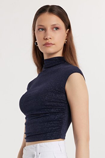 Tudors Women's Slim Fit Slim Fit Elastic Short Sleeve Navy Blue Crew Neck Blouse