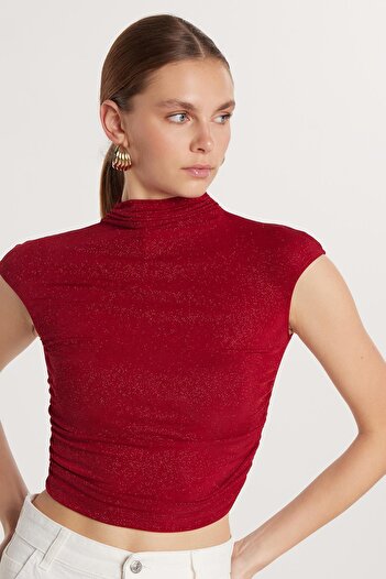 Tudors Women's Slim Fit Slim Fit Elastic Short Sleeve Burgundy Crew Neck Blouse