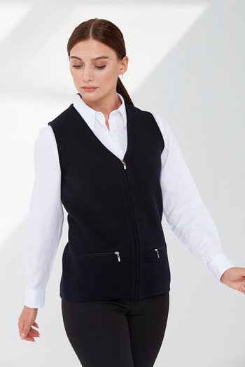 Desen Triko Women's Steel Knit Pocket Zippered Plain Knitwear Vest Dark Blue