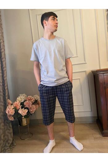 DÜVEN Men's Short Sleeve Capri Pajamas Set 100% Cotton Bottom Top Set